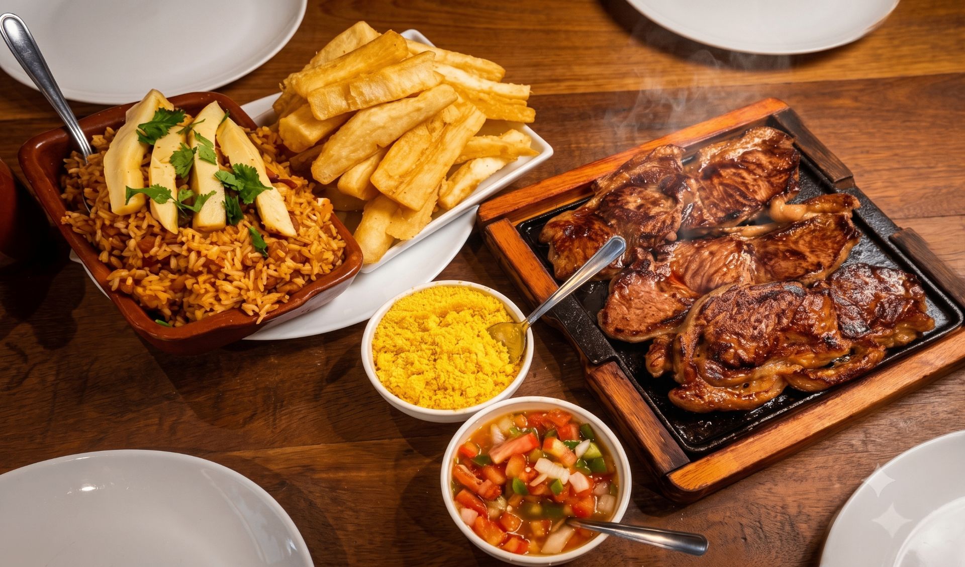 Porção de carne com arroz, mandioca e vinagrete